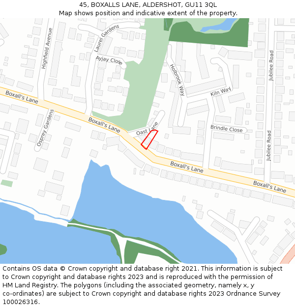 45, BOXALLS LANE, ALDERSHOT, GU11 3QL: Location map and indicative extent of plot