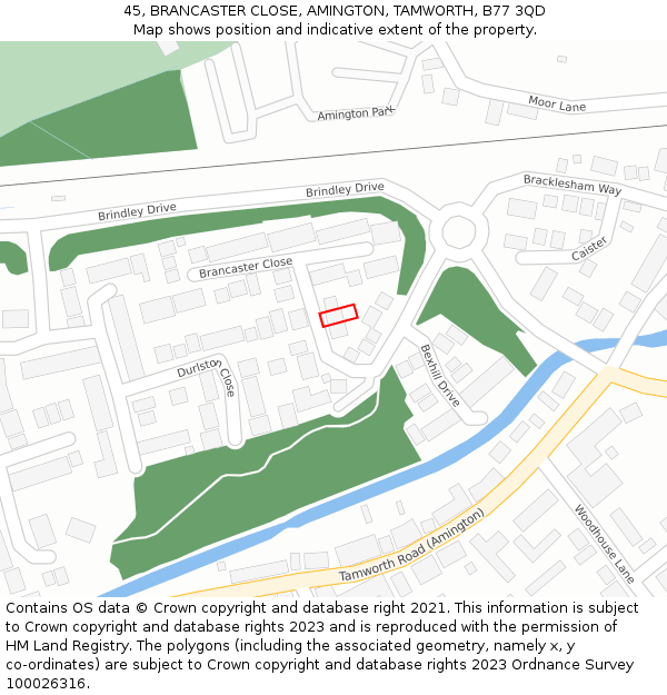 45, BRANCASTER CLOSE, AMINGTON, TAMWORTH, B77 3QD: Location map and indicative extent of plot