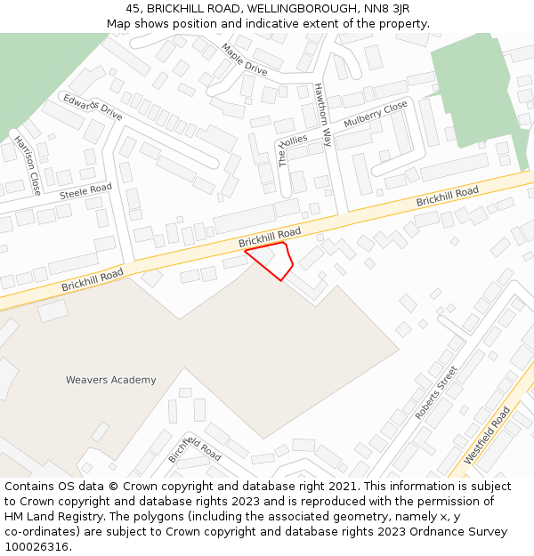 45, BRICKHILL ROAD, WELLINGBOROUGH, NN8 3JR: Location map and indicative extent of plot