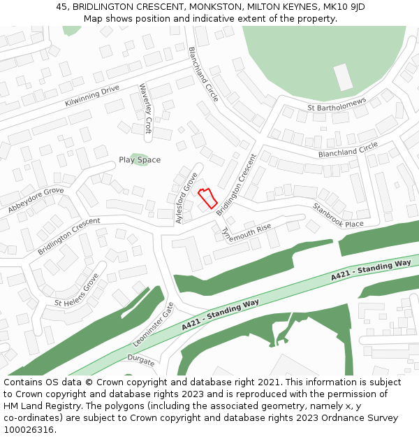 45, BRIDLINGTON CRESCENT, MONKSTON, MILTON KEYNES, MK10 9JD: Location map and indicative extent of plot