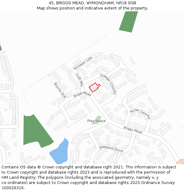 45, BRIGGS MEAD, WYMONDHAM, NR18 0GB: Location map and indicative extent of plot