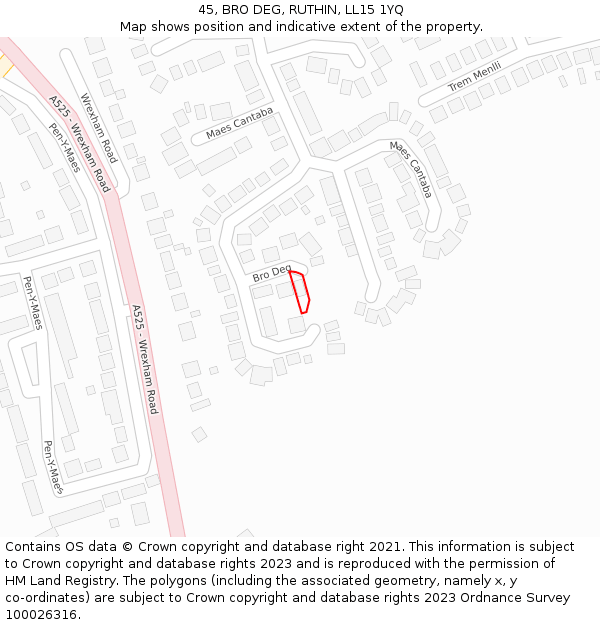 45, BRO DEG, RUTHIN, LL15 1YQ: Location map and indicative extent of plot