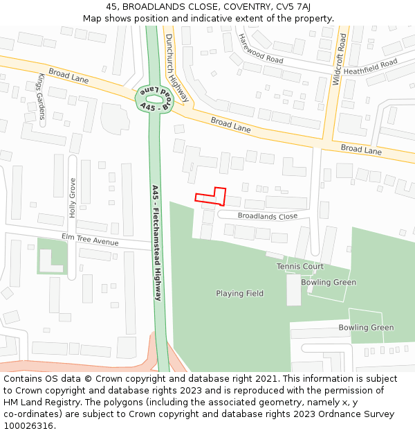 45, BROADLANDS CLOSE, COVENTRY, CV5 7AJ: Location map and indicative extent of plot