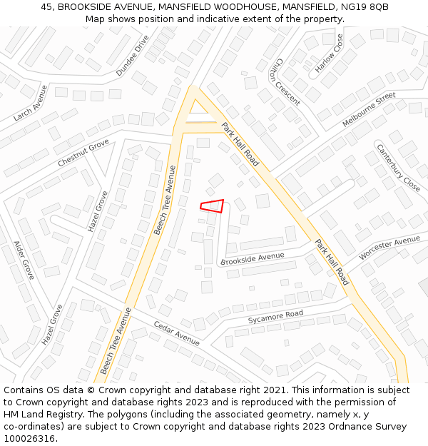 45, BROOKSIDE AVENUE, MANSFIELD WOODHOUSE, MANSFIELD, NG19 8QB: Location map and indicative extent of plot