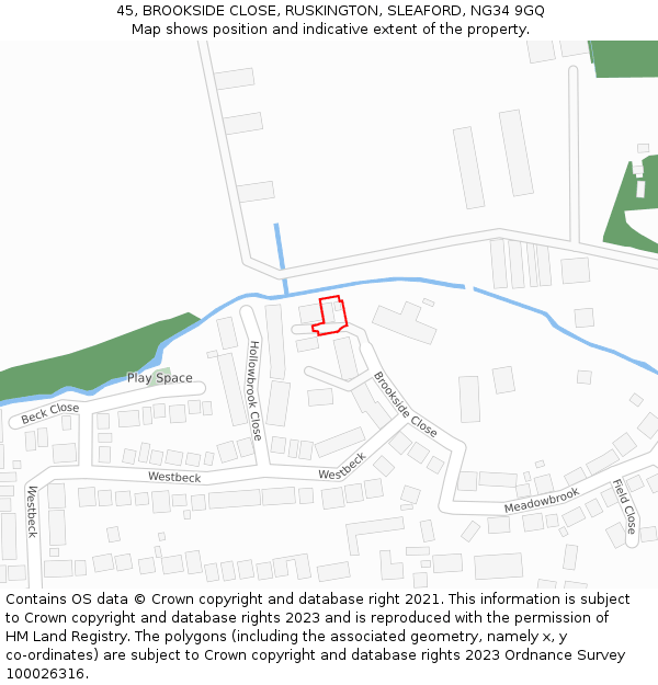 45, BROOKSIDE CLOSE, RUSKINGTON, SLEAFORD, NG34 9GQ: Location map and indicative extent of plot