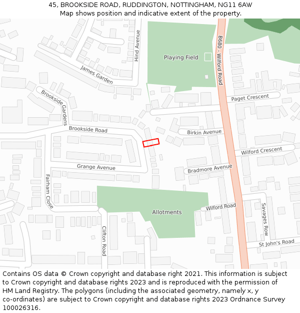 45, BROOKSIDE ROAD, RUDDINGTON, NOTTINGHAM, NG11 6AW: Location map and indicative extent of plot