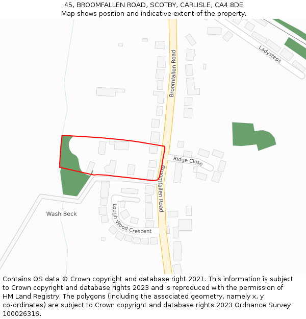 45, BROOMFALLEN ROAD, SCOTBY, CARLISLE, CA4 8DE: Location map and indicative extent of plot