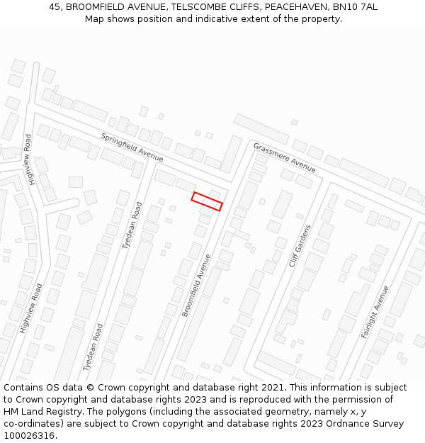 45, BROOMFIELD AVENUE, TELSCOMBE CLIFFS, PEACEHAVEN, BN10 7AL: Location map and indicative extent of plot