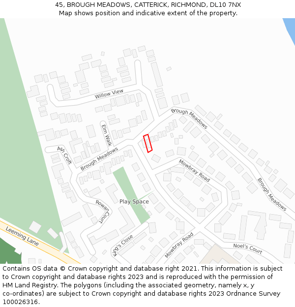 45, BROUGH MEADOWS, CATTERICK, RICHMOND, DL10 7NX: Location map and indicative extent of plot