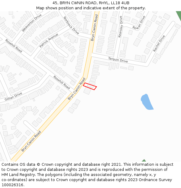 45, BRYN CWNIN ROAD, RHYL, LL18 4UB: Location map and indicative extent of plot