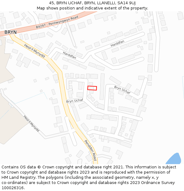 45, BRYN UCHAF, BRYN, LLANELLI, SA14 9UJ: Location map and indicative extent of plot