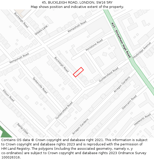 45, BUCKLEIGH ROAD, LONDON, SW16 5RY: Location map and indicative extent of plot