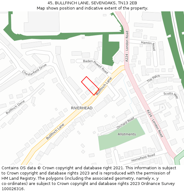 45, BULLFINCH LANE, SEVENOAKS, TN13 2EB: Location map and indicative extent of plot
