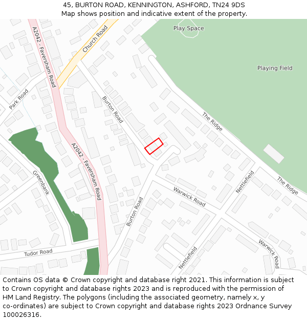 45, BURTON ROAD, KENNINGTON, ASHFORD, TN24 9DS: Location map and indicative extent of plot