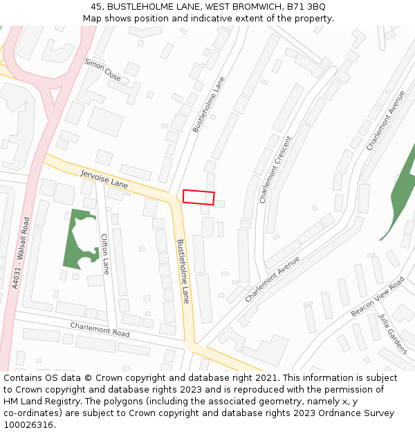 45, BUSTLEHOLME LANE, WEST BROMWICH, B71 3BQ: Location map and indicative extent of plot