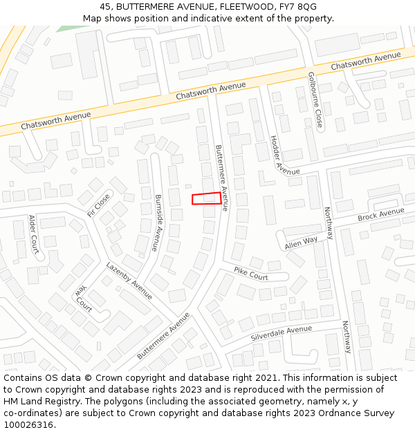 45, BUTTERMERE AVENUE, FLEETWOOD, FY7 8QG: Location map and indicative extent of plot