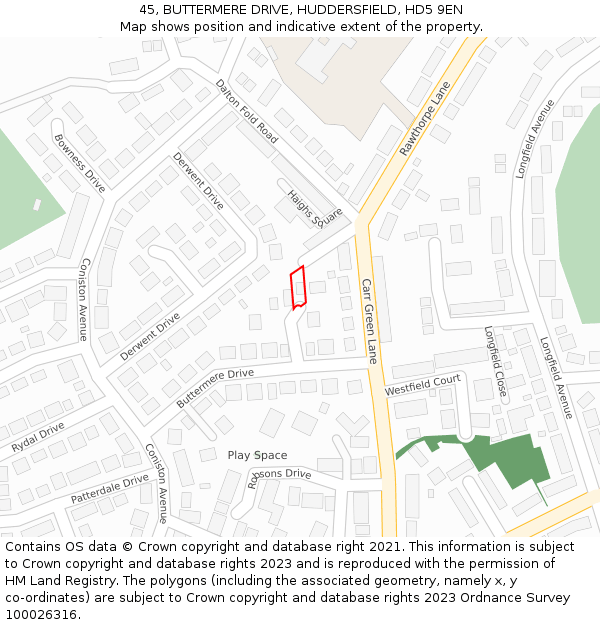 45, BUTTERMERE DRIVE, HUDDERSFIELD, HD5 9EN: Location map and indicative extent of plot