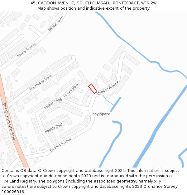 45, CADDON AVENUE, SOUTH ELMSALL, PONTEFRACT, WF9 2WJ: Location map and indicative extent of plot