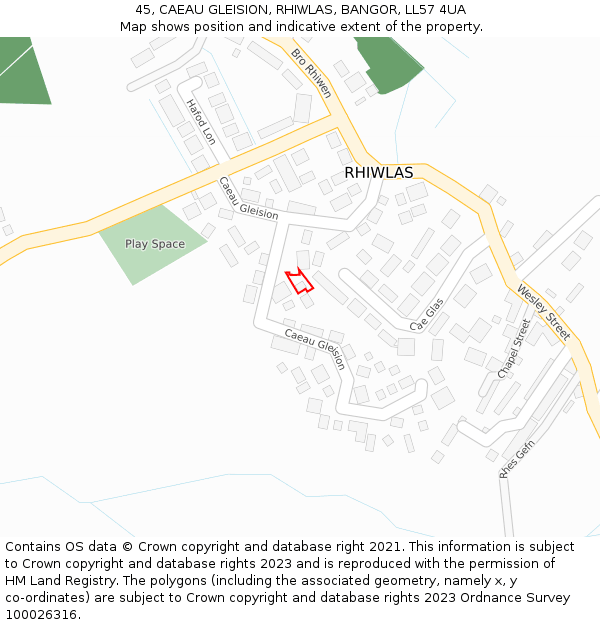 45, CAEAU GLEISION, RHIWLAS, BANGOR, LL57 4UA: Location map and indicative extent of plot