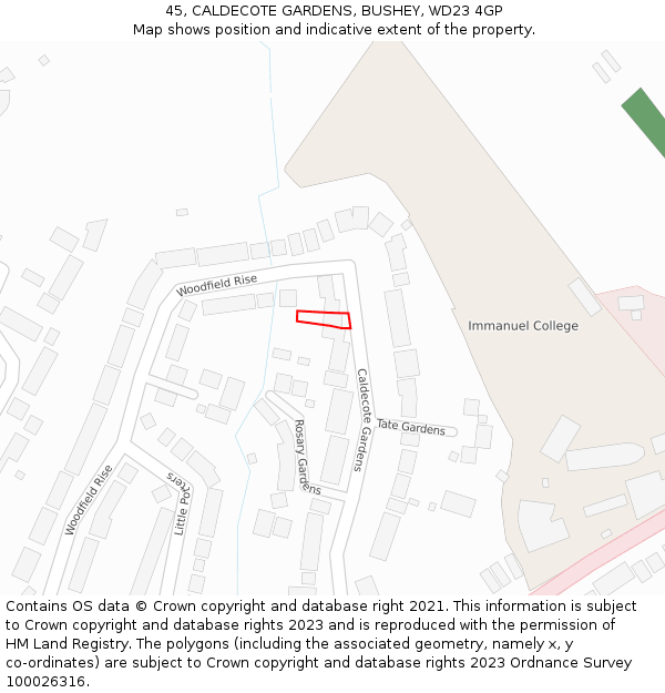 45, CALDECOTE GARDENS, BUSHEY, WD23 4GP: Location map and indicative extent of plot