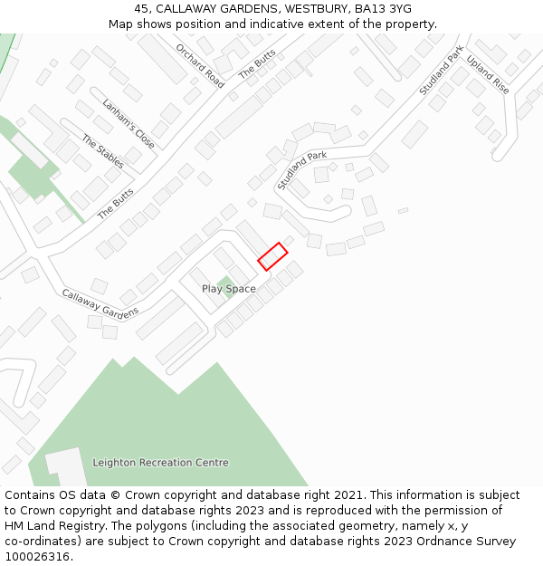 45, CALLAWAY GARDENS, WESTBURY, BA13 3YG: Location map and indicative extent of plot