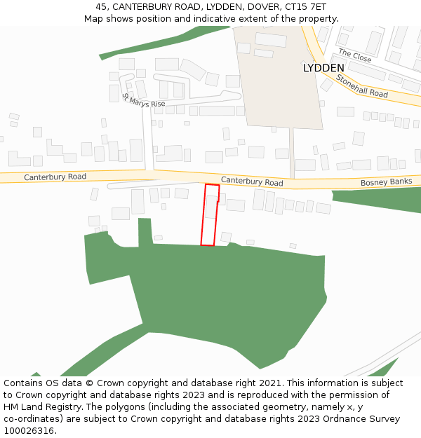 45, CANTERBURY ROAD, LYDDEN, DOVER, CT15 7ET: Location map and indicative extent of plot