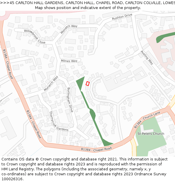 45 CARLTON HALL GARDENS, CARLTON HALL, CHAPEL ROAD, CARLTON COLVILLE, LOWESTOFT, NR33 8BL: Location map and indicative extent of plot