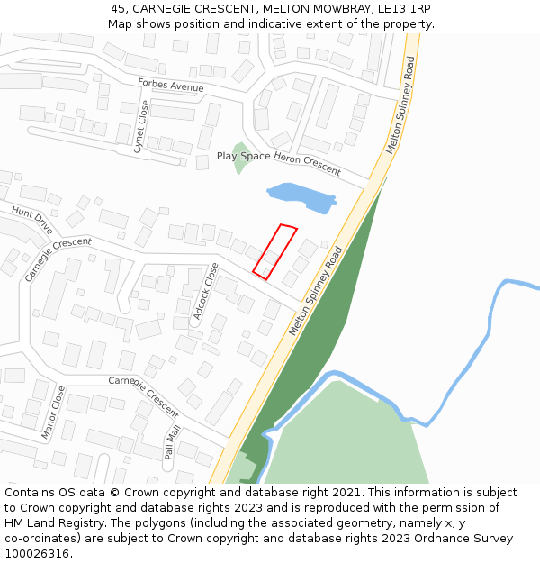 45, CARNEGIE CRESCENT, MELTON MOWBRAY, LE13 1RP: Location map and indicative extent of plot