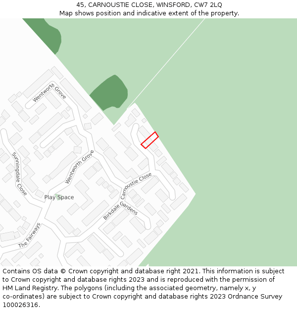 45, CARNOUSTIE CLOSE, WINSFORD, CW7 2LQ: Location map and indicative extent of plot