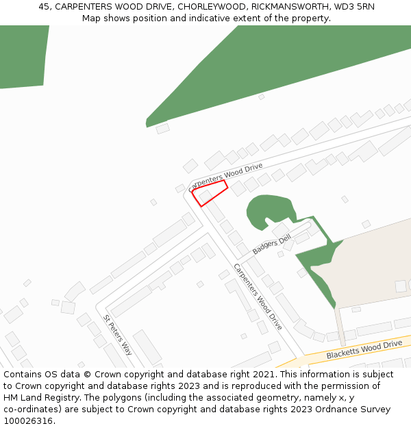 45, CARPENTERS WOOD DRIVE, CHORLEYWOOD, RICKMANSWORTH, WD3 5RN: Location map and indicative extent of plot