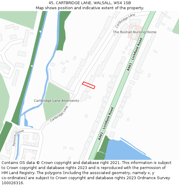 45, CARTBRIDGE LANE, WALSALL, WS4 1SB: Location map and indicative extent of plot