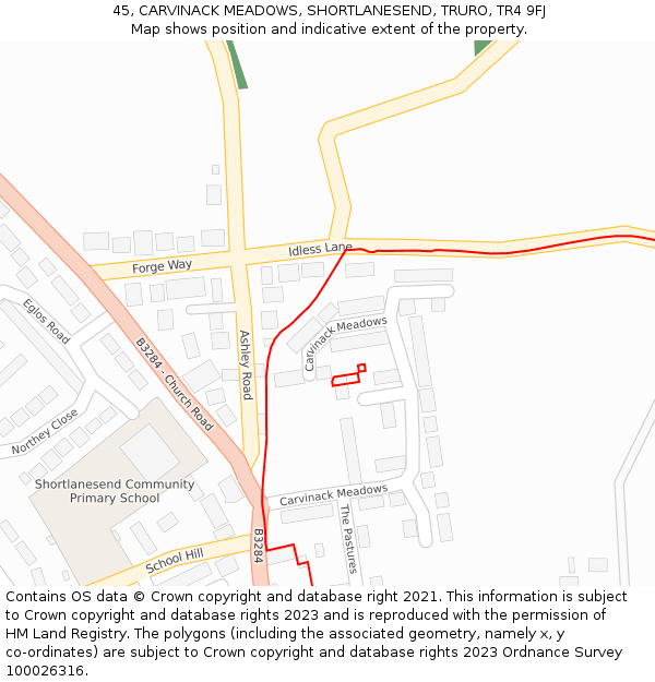 45, CARVINACK MEADOWS, SHORTLANESEND, TRURO, TR4 9FJ: Location map and indicative extent of plot