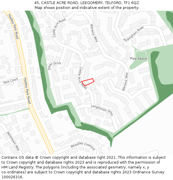 45, CASTLE ACRE ROAD, LEEGOMERY, TELFORD, TF1 6QZ: Location map and indicative extent of plot