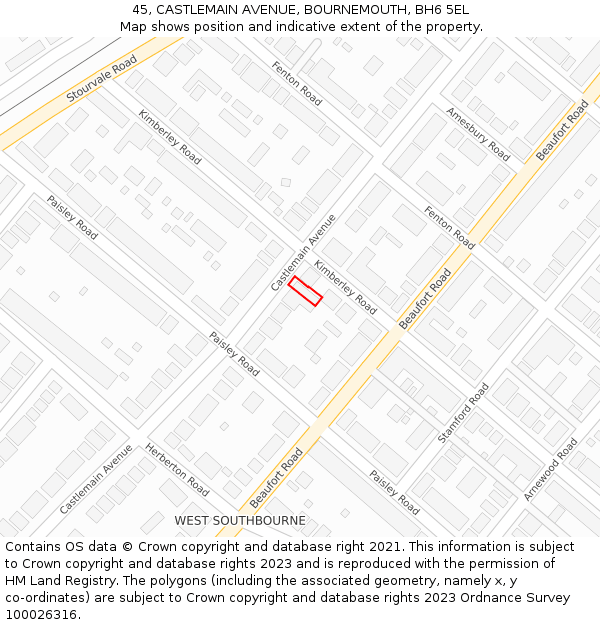 45, CASTLEMAIN AVENUE, BOURNEMOUTH, BH6 5EL: Location map and indicative extent of plot