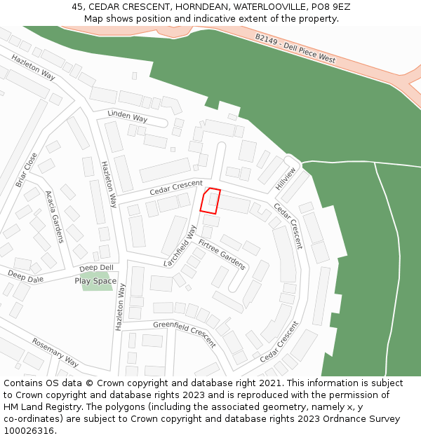 45, CEDAR CRESCENT, HORNDEAN, WATERLOOVILLE, PO8 9EZ: Location map and indicative extent of plot