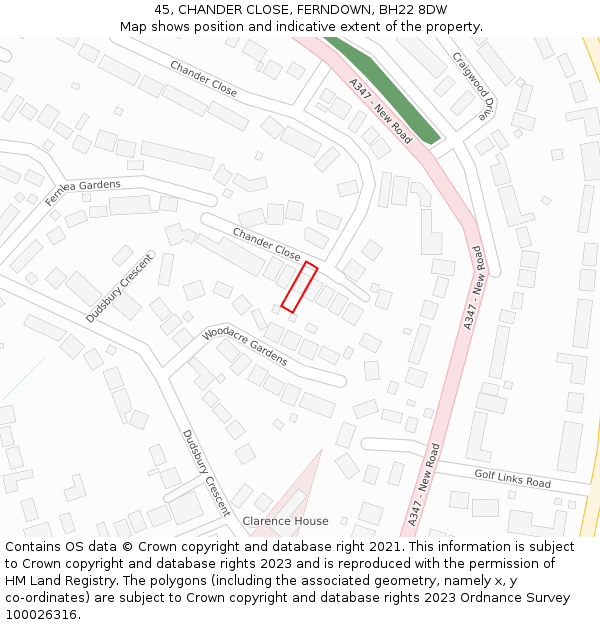 45, CHANDER CLOSE, FERNDOWN, BH22 8DW: Location map and indicative extent of plot