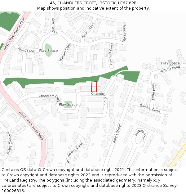 45, CHANDLERS CROFT, IBSTOCK, LE67 6PR: Location map and indicative extent of plot