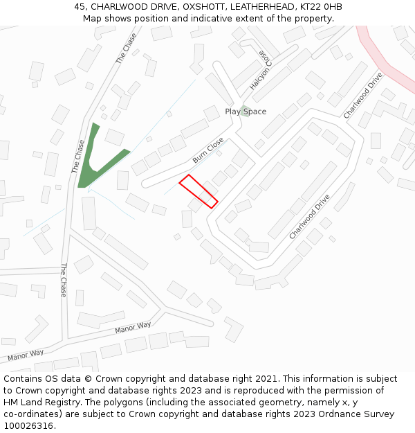 45, CHARLWOOD DRIVE, OXSHOTT, LEATHERHEAD, KT22 0HB: Location map and indicative extent of plot