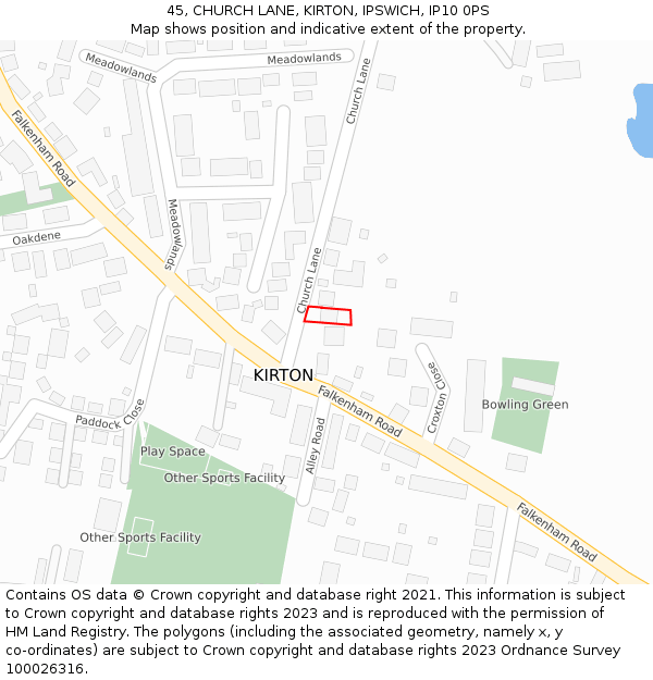 45, CHURCH LANE, KIRTON, IPSWICH, IP10 0PS: Location map and indicative extent of plot