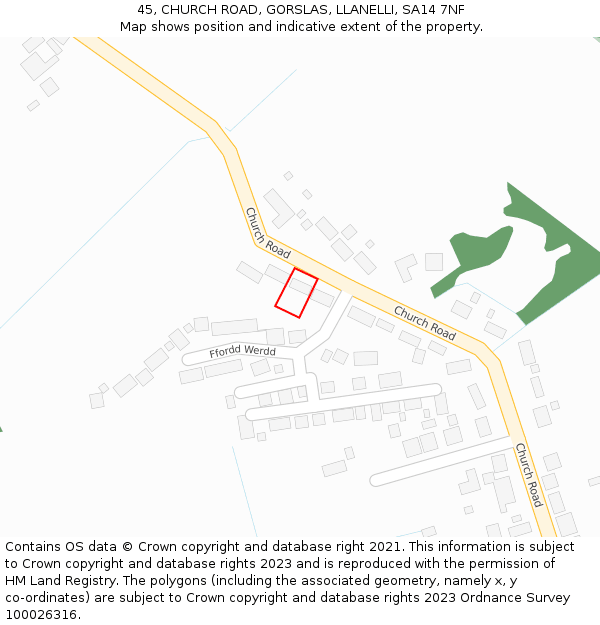 45, CHURCH ROAD, GORSLAS, LLANELLI, SA14 7NF: Location map and indicative extent of plot