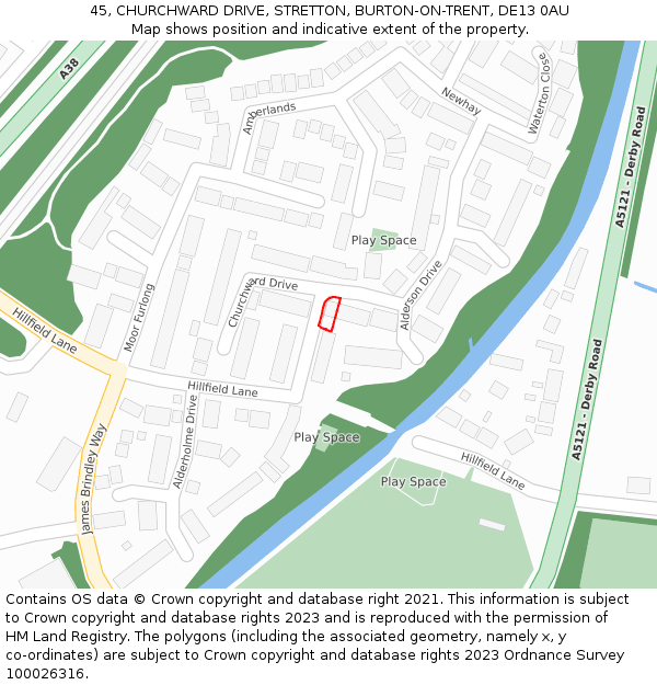 45, CHURCHWARD DRIVE, STRETTON, BURTON-ON-TRENT, DE13 0AU: Location map and indicative extent of plot