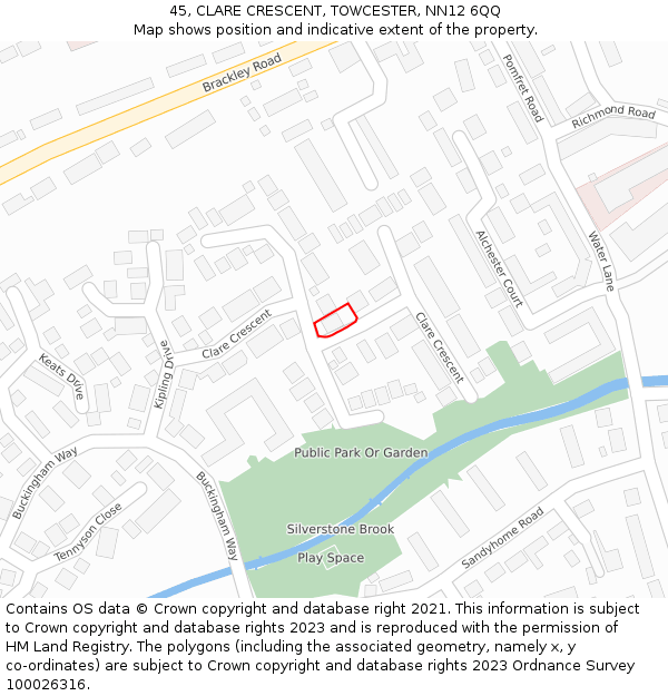 45, CLARE CRESCENT, TOWCESTER, NN12 6QQ: Location map and indicative extent of plot