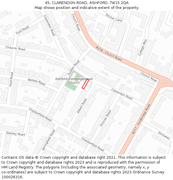 45, CLARENDON ROAD, ASHFORD, TW15 2QA: Location map and indicative extent of plot