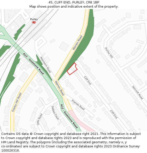 45, CLIFF END, PURLEY, CR8 1BP: Location map and indicative extent of plot