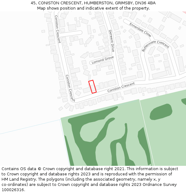 45, CONISTON CRESCENT, HUMBERSTON, GRIMSBY, DN36 4BA: Location map and indicative extent of plot