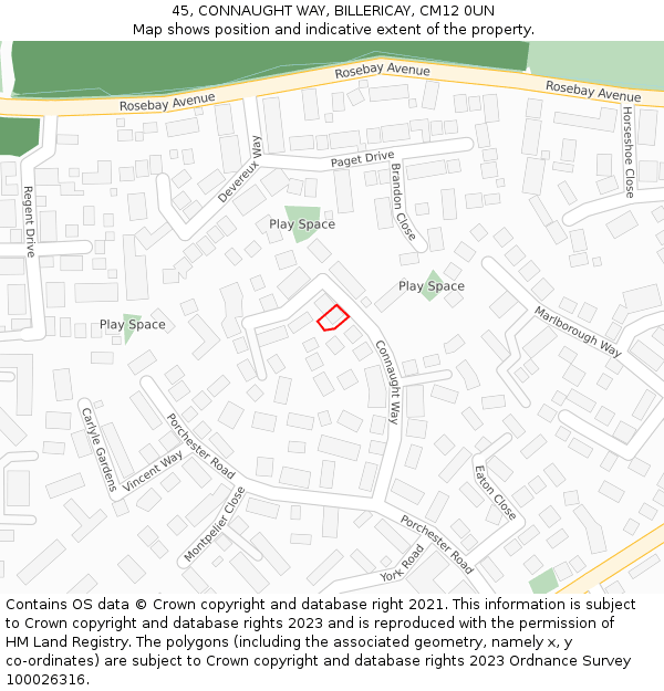 45, CONNAUGHT WAY, BILLERICAY, CM12 0UN: Location map and indicative extent of plot