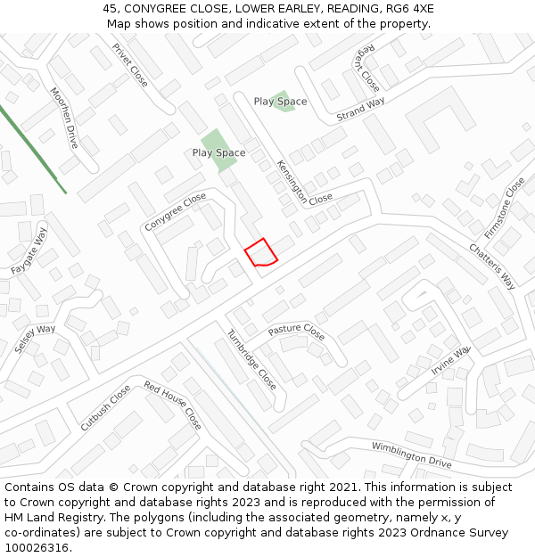 45, CONYGREE CLOSE, LOWER EARLEY, READING, RG6 4XE: Location map and indicative extent of plot