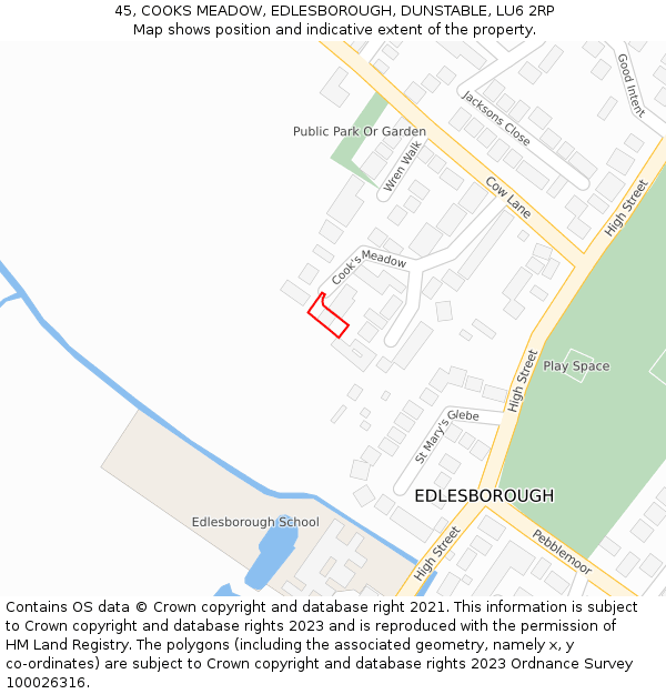 45, COOKS MEADOW, EDLESBOROUGH, DUNSTABLE, LU6 2RP: Location map and indicative extent of plot