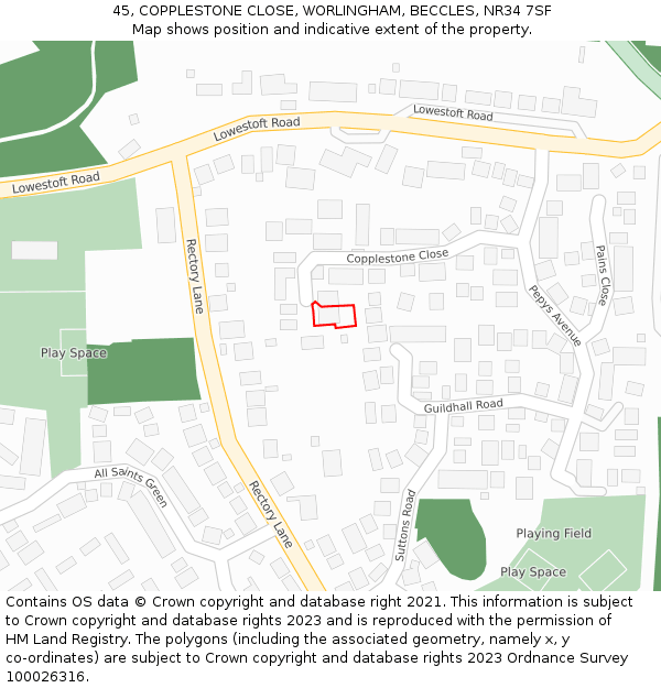 45, COPPLESTONE CLOSE, WORLINGHAM, BECCLES, NR34 7SF: Location map and indicative extent of plot