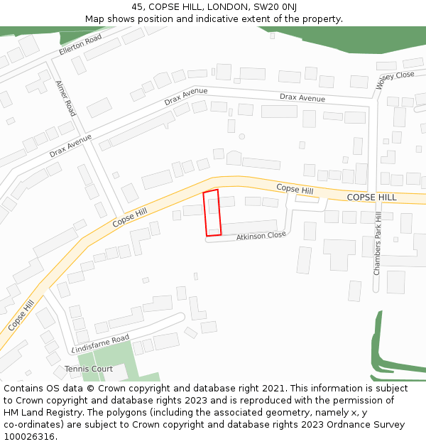 45, COPSE HILL, LONDON, SW20 0NJ: Location map and indicative extent of plot